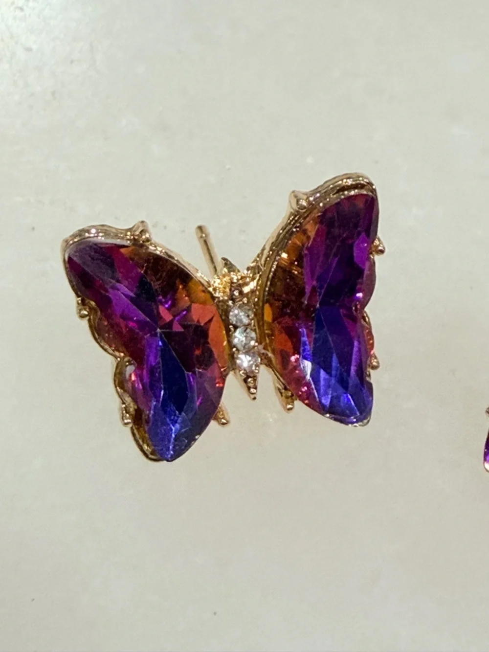 Gold Butterfly Stud Earrings with Purple Crystal Wings